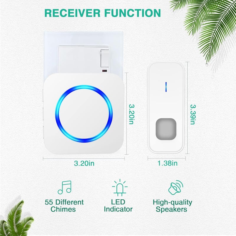 SURFOU Wireless Doorbell, Waterproof, Easy installation -1300ft Range 55 Chimes, 5 Adjustable Volume Levels - LED Flash (1 Button+2 Receivers-White) - Image 4
